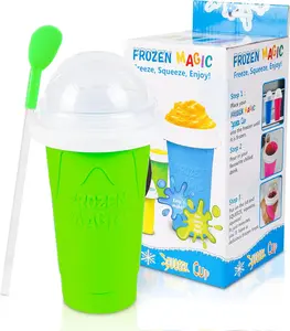 Thick Reusable Silicone DIY Slushie Maker Cup, Washable Kitchen Utensil with Cover, Lid, Spoon & Straw, Portable Freezing Squeeze Tool for Juice or Milk, Kid-Friendly Ice Cream Cooler