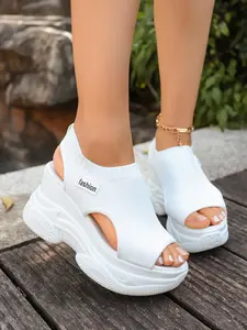 Women's Summer New Sports Sandals, Knit Upper Open Toe Fish Mouth, Casual Chunky Heel High Heel Thick Sole, Slope Heel Thick Bottom Sport Sandals, Trendy Sandals
