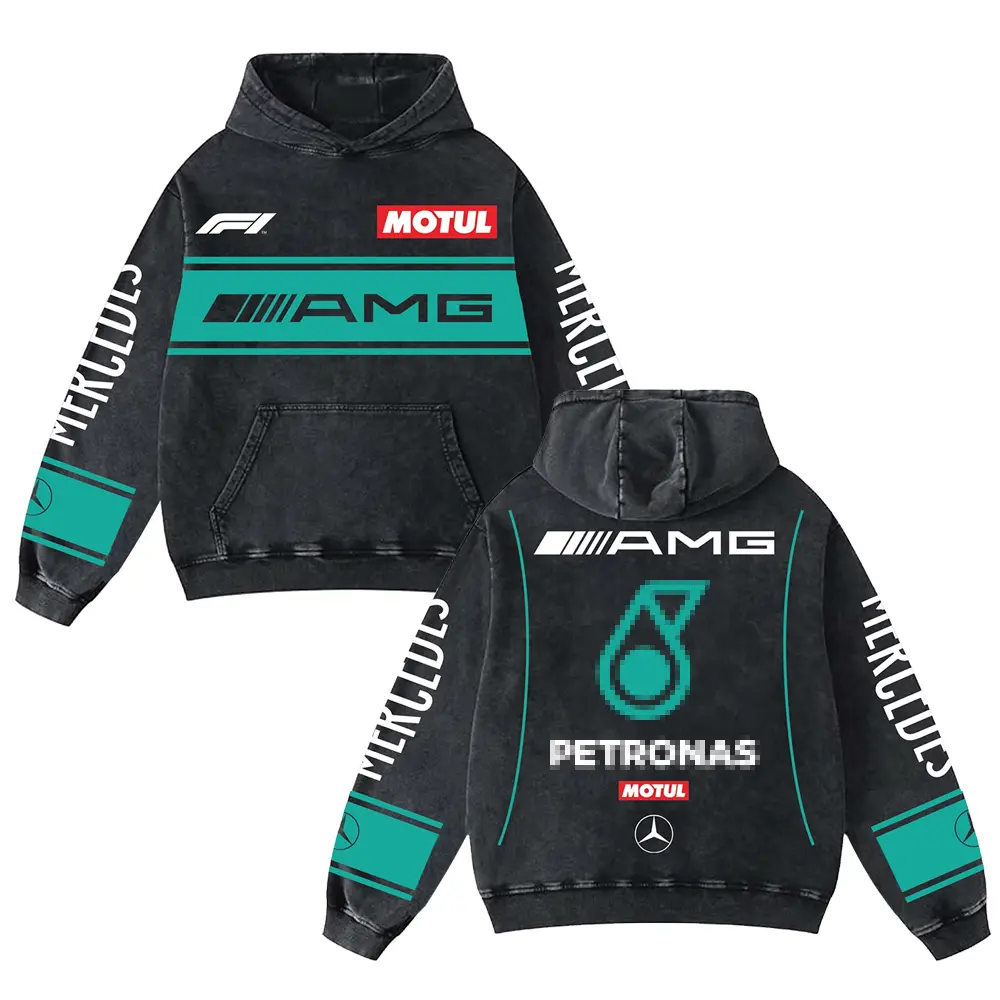 Retro Mer AMG Racing Washed Hoodie Formula One World Champion Enthusiast Apparel Streetwear Racing Team Super Motorsports Clothing Motobike Riders Supermotor Off-Road Dirt Bike Fan Gear Cotton For Motor Fan