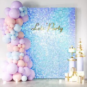 Iridescent Blue Shimmer Wall Backdrop - 30/36/49PCS Square Sequin Shimmer Backdrop Panel, Photo Backdrops for Birthday, Anniversary, Wedding, Graduation & Bachelorette Party Decoration