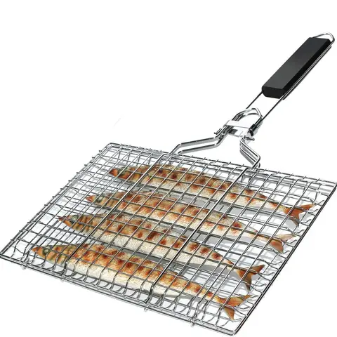 Stainless Steel Foldable Portable Fish Grilling Basket with Expanded Mesh Grid - Outdoor Barbecue Accessories for Veggies, Shrimp, BBQ Grill Rack