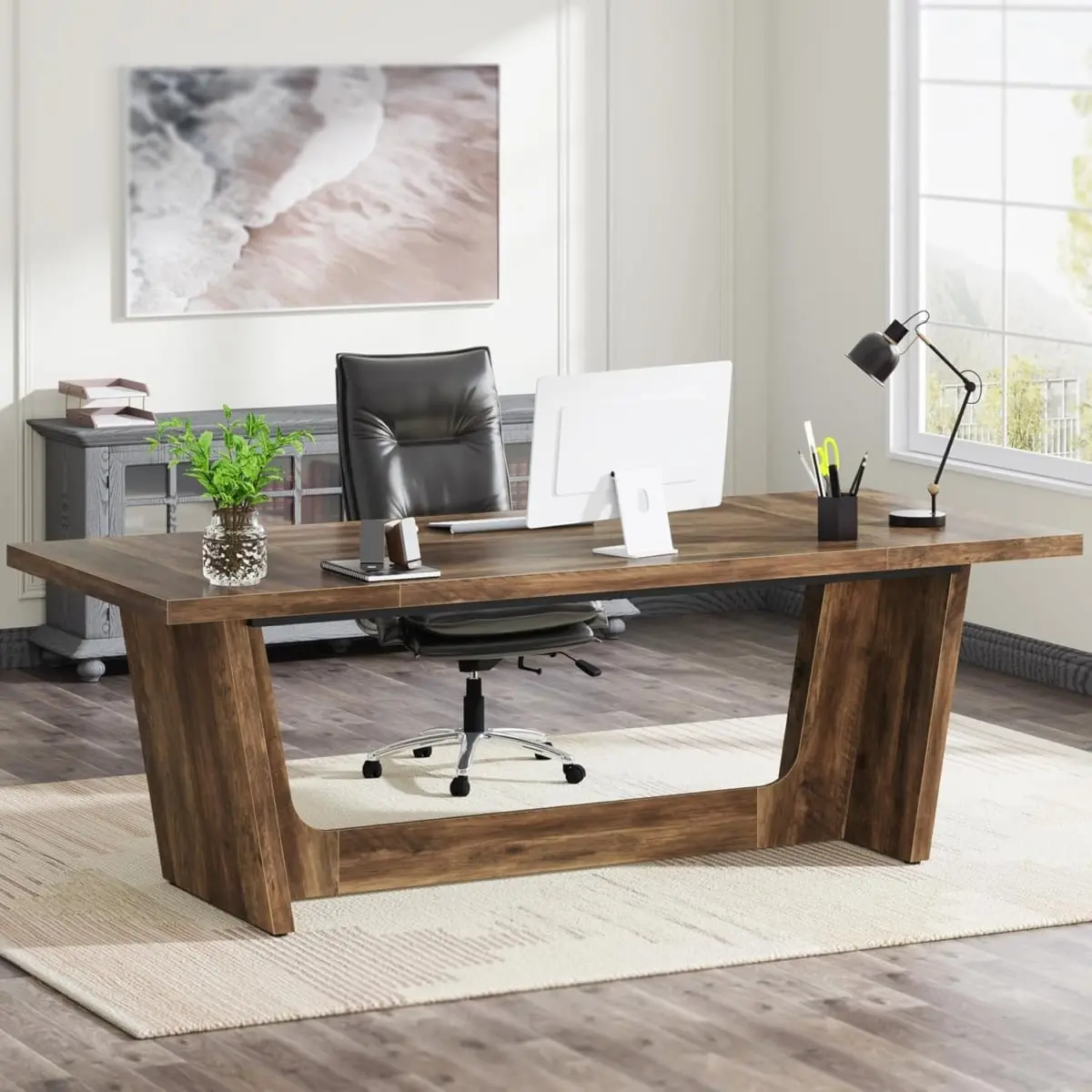 212 MAIN 71 in. Large U-Shaped Executive Rustic Office Desk - Rustic Brown Solid Wood, Wooden Base, Solid Pedestal, Ergonomic Home Office Commercial Furniture