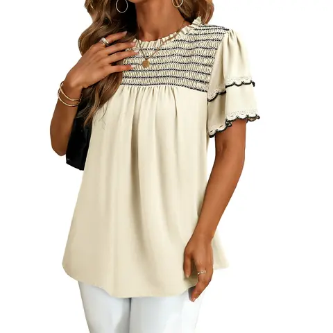 Dokotoo 2026 Women's Summer Fashion Short-Sleeve T-Shirt with Lace Trim, Round Neck, Business Casual, Lightweight, Soft, and Loose Knitwear