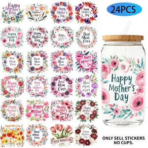 UV DTF Transfer Stickers - 24 Pieces/Set, Sticker Packs, Happy Mother's Day Floral Theme, UV DTF 16OZ DIY Transfer Stickers Suitable For 16-Ounce Water Bottles, Glass Bottles, Laptops, Home Decor DIY, High-Adhesion Transfer Paper, High Adhesive Stickers