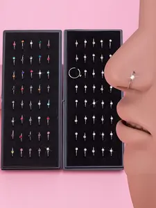 40pcs Box Sparkling Rhinestone Nose Rings Set, Hypoallergenic Stainless Steel Nostril Piercing Jewelry, 8mm Diameter Nose Hoop Ring