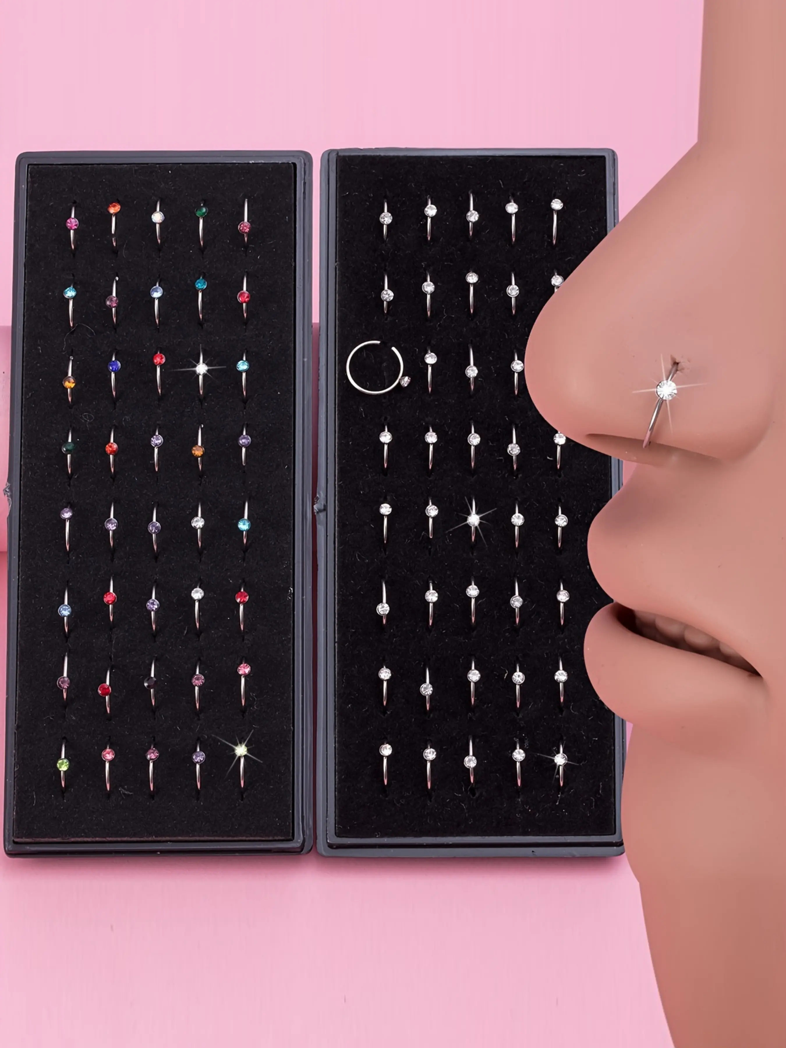 40pcs Box Sparkling Rhinestone Nose Rings Set, Hypoallergenic Stainless Steel Nostril Piercing Jewelry Body Jewellery, 8mm Diameter Nose Hoop Ring, Nose Rings Hoops, Nosepiercings