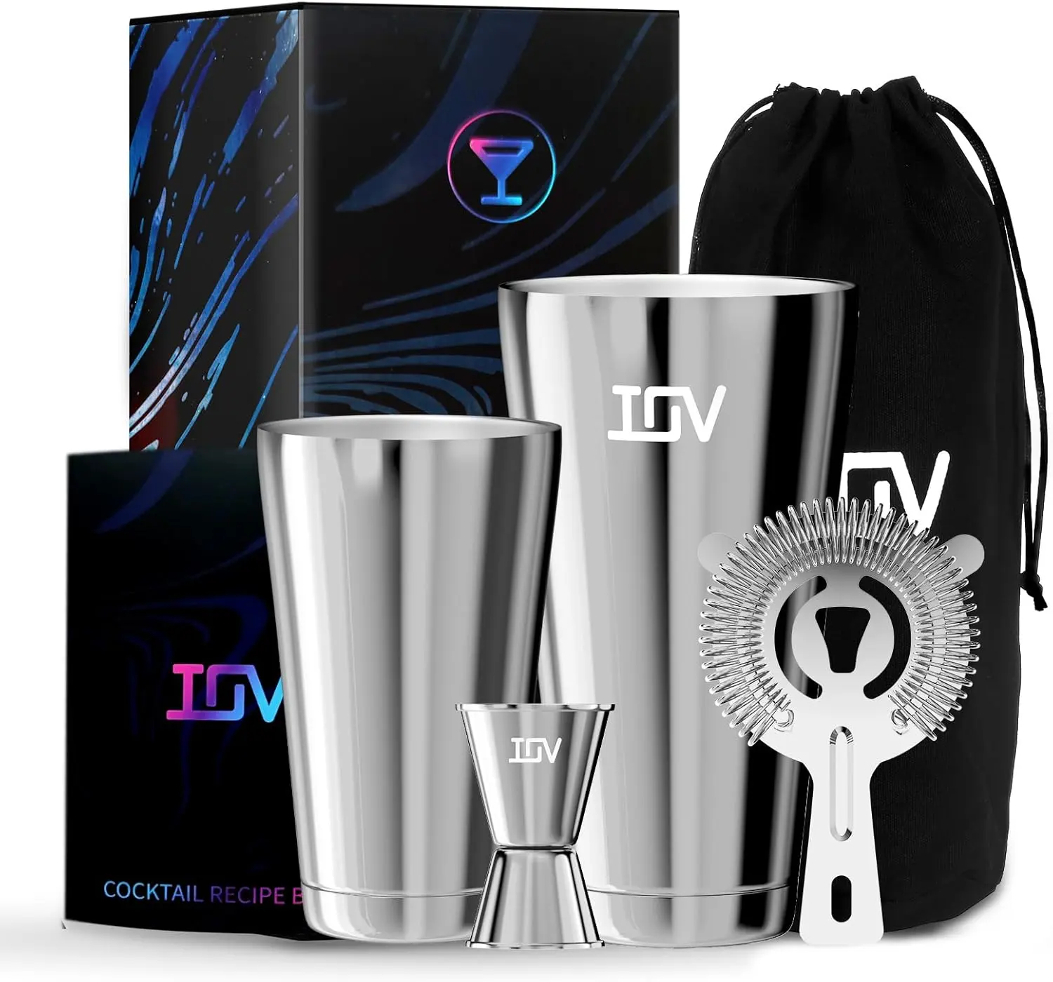 IOV Modern Boston Shape Cocktail Shaker Bar Set, 4-Piece Bartender Utensils Kit with 18oz & 28oz Stainless Steel Boston Shakers, Hawthorne Strainer, Double Jigger & 28 Recipe Cards – Ideal for Home Parties, Gift for Friends #Summervibes