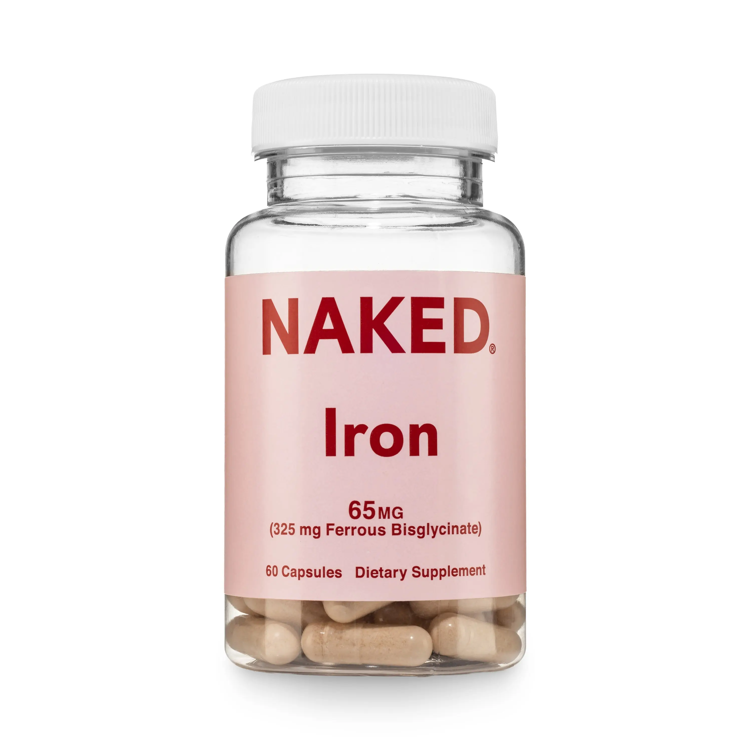 Naked Iron - 60 Capsules, 65mg (325 mg Ferrous Bisglycinate) - Made in USA - Certified Vegan, GMO & Gluten Free