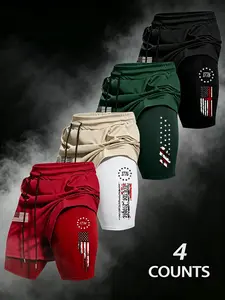 Men's 4-Piece Summer Shorts Set, Sporty Flag Print Basketball Shorts, Fitted Design, Ideal for Outdoor Activities & Sports