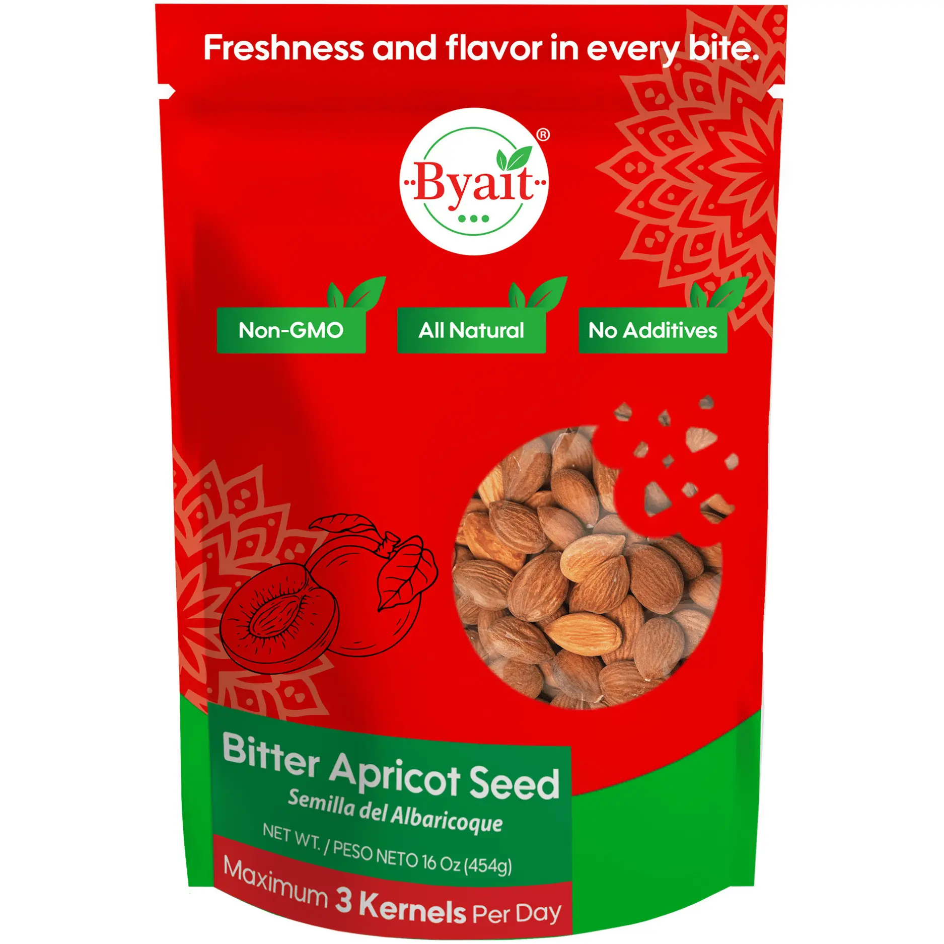 Byait Raw Bitter Apricot Kernels Snack Nut, 16 Oz (1 LB) Turkish, All Natural, Vegan, Gluten-Free