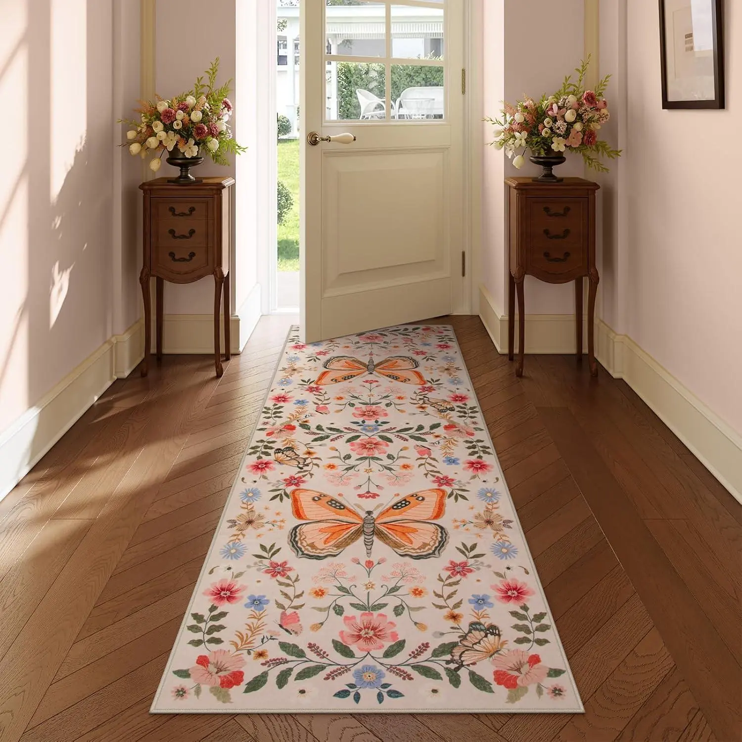 Butterfly & Floral Pattern Runner Rug, Non-slip Washable Floor Mat, Decorative Carpet for Home Living Room Bedroom Kitchen Entrance, Whimsical Home Decor, Butterfly Area Rug, Butterfly Print Rug