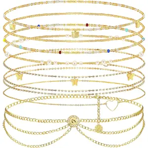 8 Pcs Belly Chain Adjustable Waist Chain Summer Beach Bikini Waist Body Beads for Halloween Women Adults Multilayer