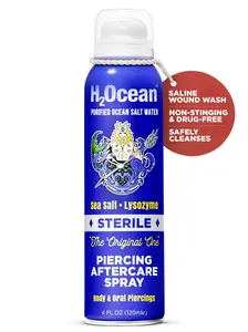 H2Ocean Piercing Aftercare Spray - Natural & Organic Saline Solution – Sea Salt + Lysozyme Formula for New Piercings – Gently Cleanses and Moisturizes Daily