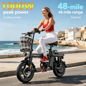 High Performance Z1 14" Foldable Electric Bike, 1000W Motor 15Ah Removable Battery Achieve 48 Miles Max Range, High Carbon Steel Body Dual Disc Brakes, LED Speed Indicator & Remote Start Lock, All Purpose Commuter & Outdoor E-Bicycle