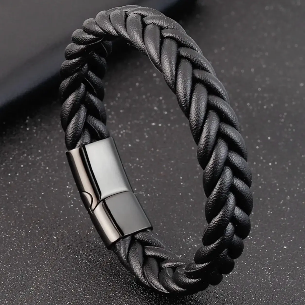 Braided Black Leather Bracelet with Stainless Steel Magnetic Clasp