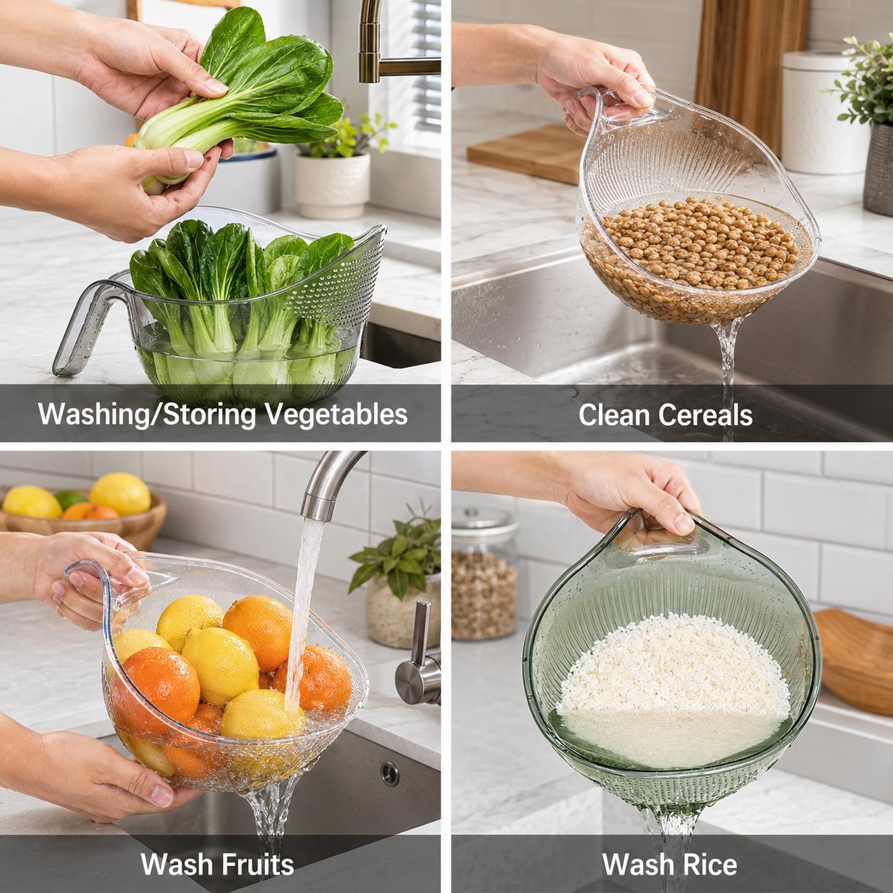 Aesthetic Multifunctional Rice Strainer with Handle - Sturdy BPA-Free Transparent Plastic Kitchen Utensil, Colander for Draining Vegetables, Fruits, Coffee Dispenser Set