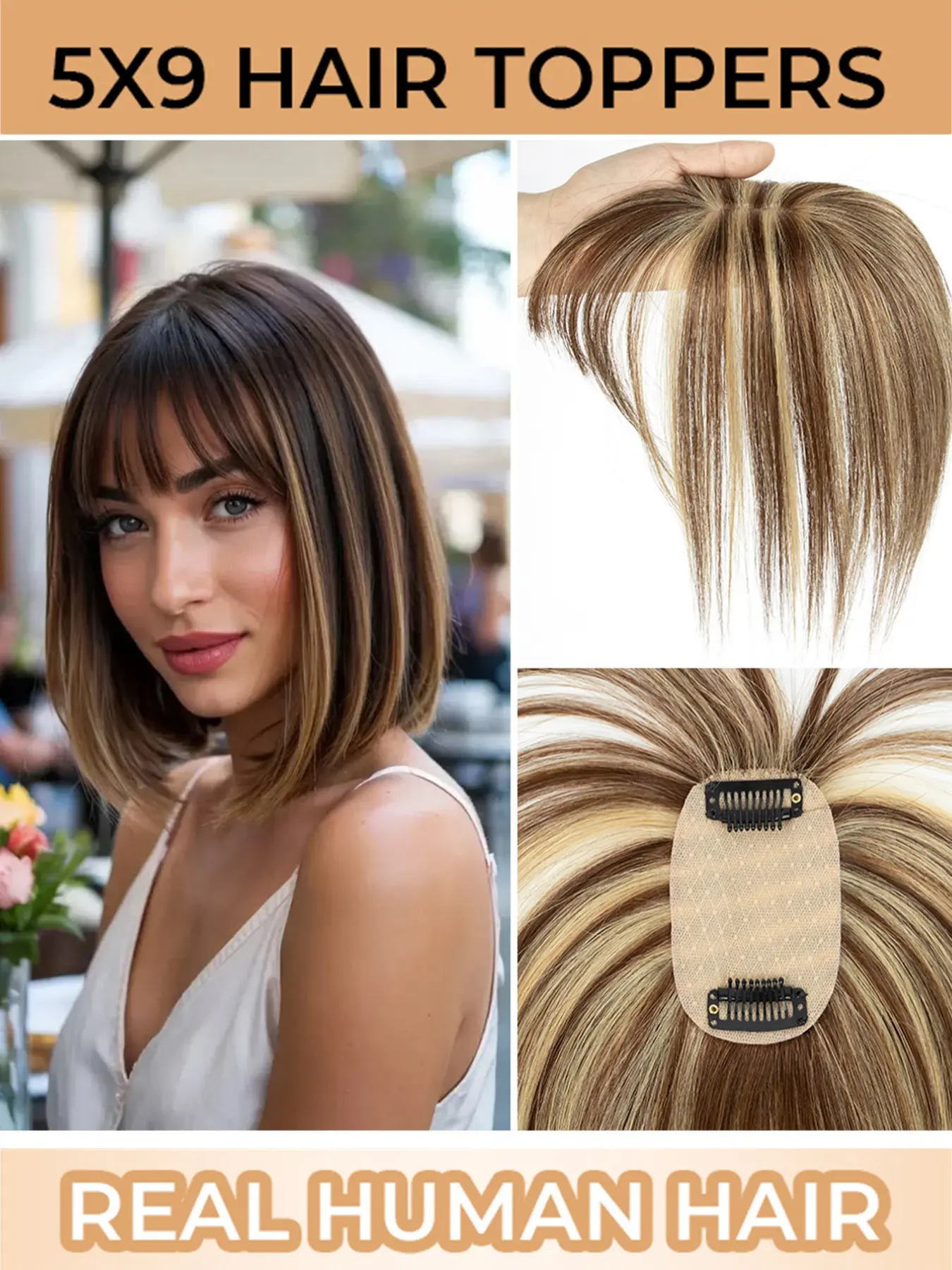 5*9 Human Hair Topper with Bangs, Straight Style, Natural Looking Hair, Suitable for Daily Wear and Special Occasions, Designed for Women Experiencing Hair Loss or Thinning Hair, Available in Multiple Colors and Styles