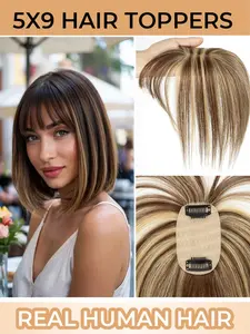 5*9 Human Hair Topper with Bangs, Straight Style, Suitable for Daily Wear and Special Occasions, Designed for Women Experiencing Hair Loss or Thinning Hair, Available in Multiple Colors and Styles