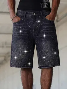 Men's Rhinestone Jeans Shorts, Distressed Washed Gradient Sparkle Frayed Edge, Fashion Street Straight Loose Fit, Summer Trendy Nightclub Style
