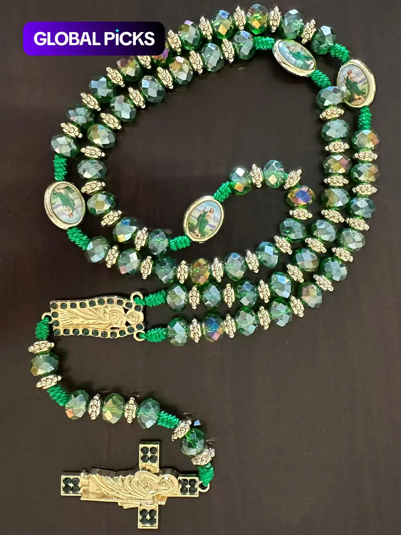 Rosary Saint Jude Virgin Mary Green Crystal Beaded Beads Catholic Necklace, Cross Necklaces, Cross Design Pendant Protection Blessing Charm, Handmade Religious Jewelry Gift for Men & Women, Car Hanging Ornament for Christmas & Halloween