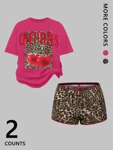 Seasonal Leopard Print Round Neck Short Sleeve Shirt & Elastic Waist Shorts Pajama Set, Casual Fitted Sleepwear, Loungewear for All Seasons Pjs