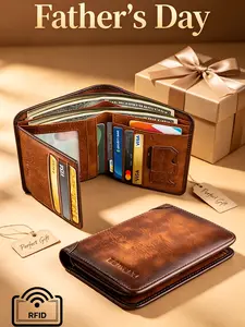 Cognac Brown Vertical Trifold Vintage Wallet - Classic American Cowboy Casual Driver's License Leather Card Holder, Multi-Functional Leather Case, Holiday Gift