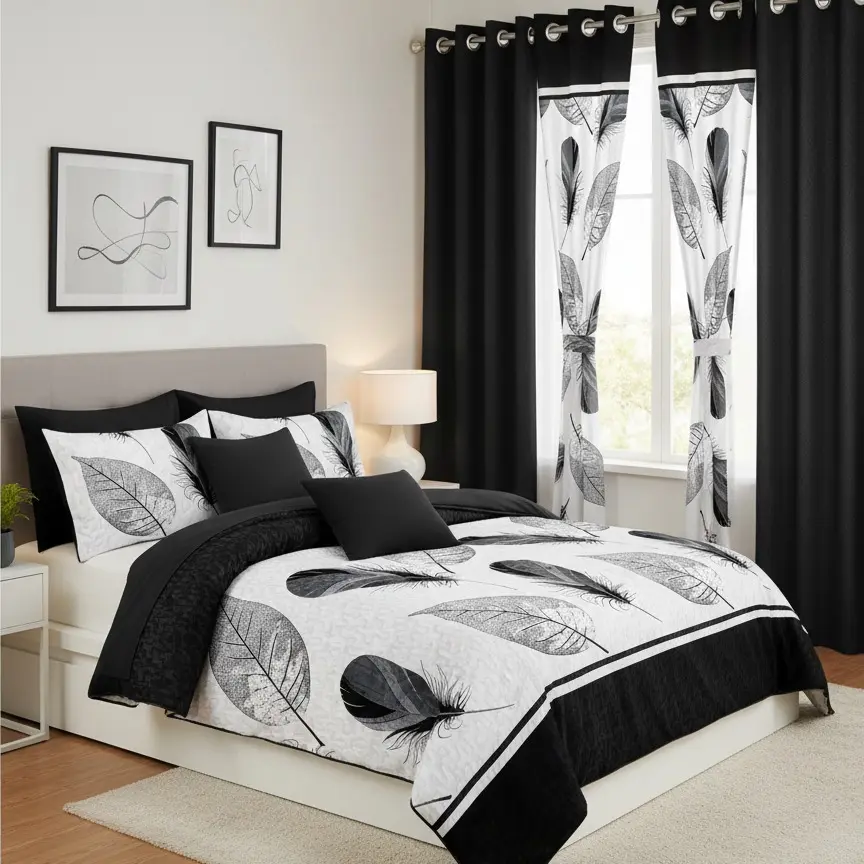 Black & White Feather 9-Piece Bedspread Set with 6 Curtains, 2-in-1 Lightweight Quilted Bed Cover & Semi-Sheer Light Filtering Window Drapes, Soft Bamboo Microfiber Decor Bedding, Breathable Machine Washable, Queen/King/Cal King | NOT Thick Comforter, Art