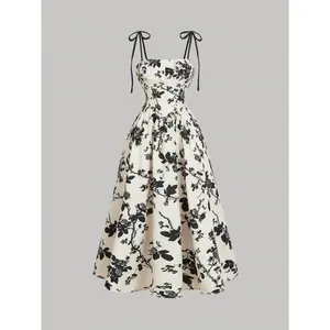 Women's Floral Print Spaghetti Suspender Dress with Adjustable Waist Tie - Flared Midi Summer Dress, Black & White Floral Pattern, Machine Washable for Casual & Formal Occasions, Casual Wear | Elegant Spaghetti Straps | Pleated Bodice Cute Fit