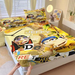 Jeffy Cartoon Character Fitted Sheet Set, 1 Fitted Sheet + 2 Pillowcases - 3 Pcs Soft Breathable Deep Pocket Bedding, Funny Puppet Jeffy Bed Sheets for Fans Bedroom Decor, Full Size