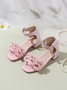 New Girls' Floral Princess Shoes, Elegant Square Toe, Chunky Heel, Buckle Sandals, Glitter Decorated Sandals, Fashionable Sandals, Pu Sandals, Comfortable Party & Daily Wear, Perfect for Birthdays, Summer Footwear