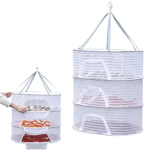 Three-Tier Hanging Drying Rack Kitchen for Herbs & Fish, Foldable Grid Storage Shelf with Fabric Liner, Indoor Outdoor Use