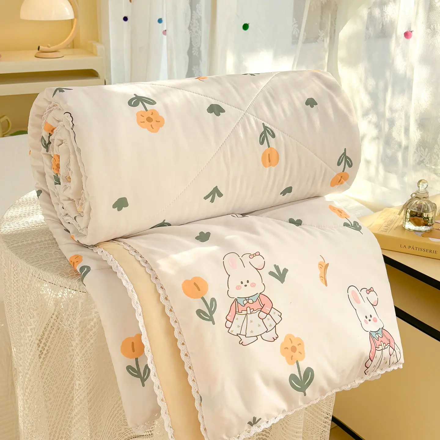 A summer lightweight blanket featuring a cute tulip and rabbit print with lace trim, a soft, skin-friendly summer cooling blanket, perfect for summer bedrooms, offices, Breathable Cozy Blanket