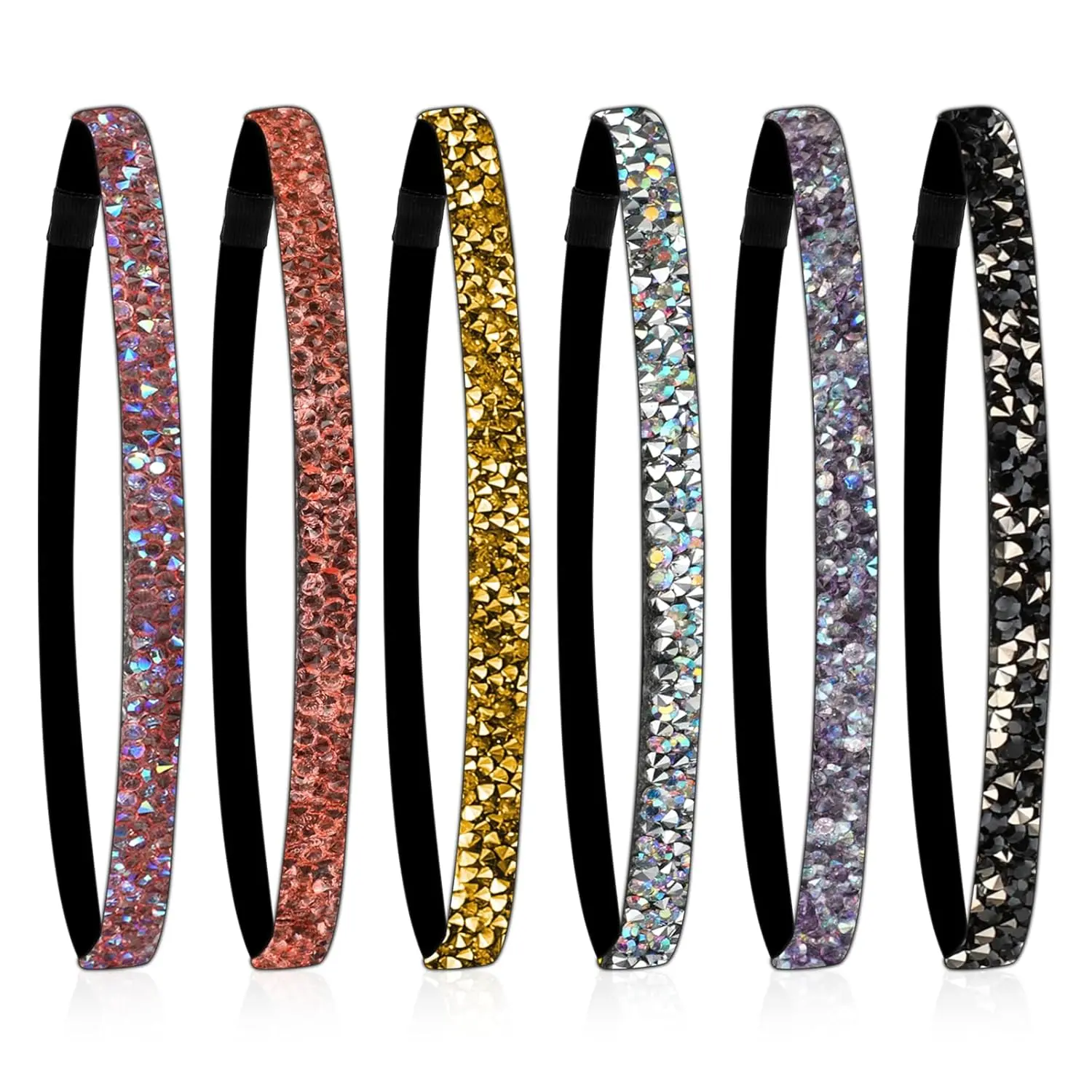 Women's Glitter Rhinestone Headbands, 6-Count Elastic Non-Slip Hair Accessories - Shiny Fabric Stretchy for Athletic Running and Yoga, Female