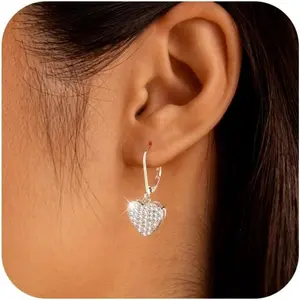 Silver plated Heart Dangle Earrings for Women, 14K Gold Plated Cubic Zirconia Drop, Hypoallergenic Leverback Wedding Earrings