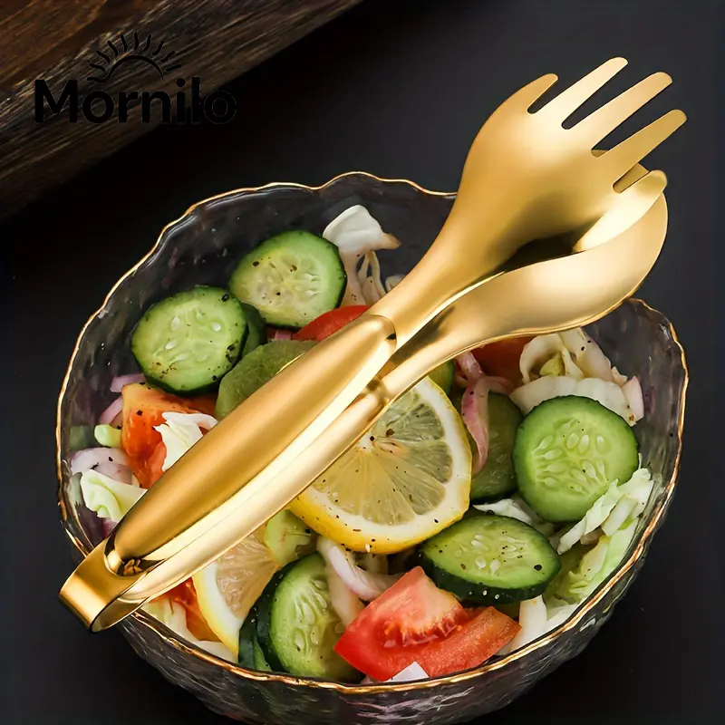 Stainless Steel Salad Serving Set (1Pc/2Pcs Options) - Slotted Spoon, 3-Tined Fork & Food Tongs Camp Tableware for Camping, Outdoor Dining, Restaurants