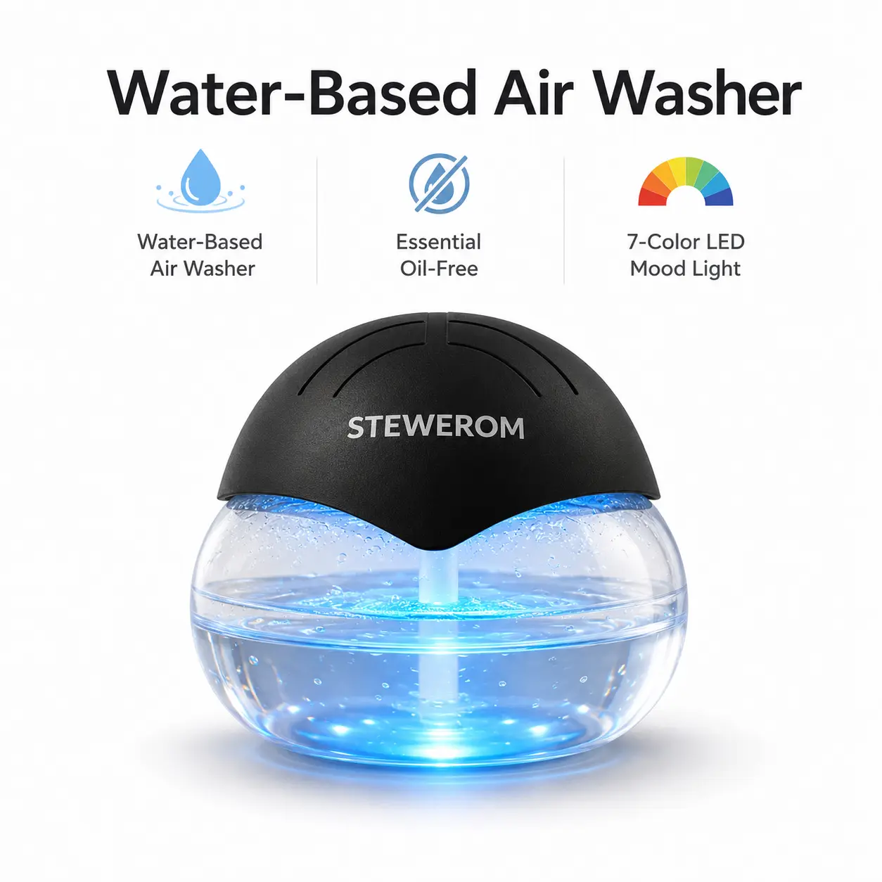 Stewerom Water-Based Air Purifier and Air Washer, Aromatherapy Air Freshener with 7-Color LED Mood Light, Air Revitalizer for Home, Bedroom, Office and Desk