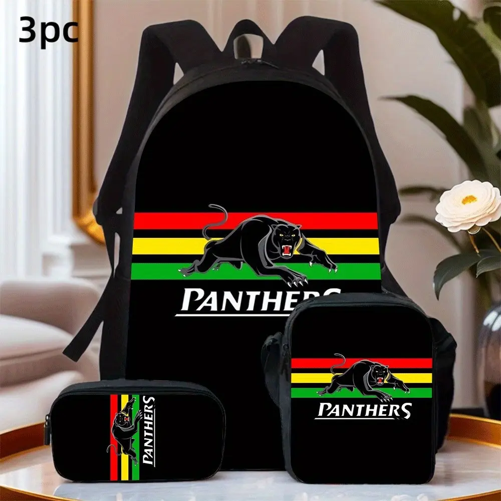 Durable Water Resistant 3-Piece Backpack Set for Kids, Lightweight School Bag with Lunch Box, Featuring Panthers Black Panther Mascot & Rasta Red-Yellow-Green Stripe Full-Print on Solid Black Base for Sports Team Fans Daily School & Casual Use