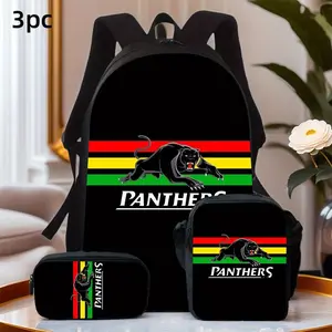 Durable Water Resistant 3-Piece Backpack Set for Kids, Lightweight School Bag with Lunch Box, Featuring Panthers Black Panther Mascot & Rasta Red-Yellow-Green Stripe Full-Print on Solid Black Base for Sports Team Fans Daily School & Casual Use