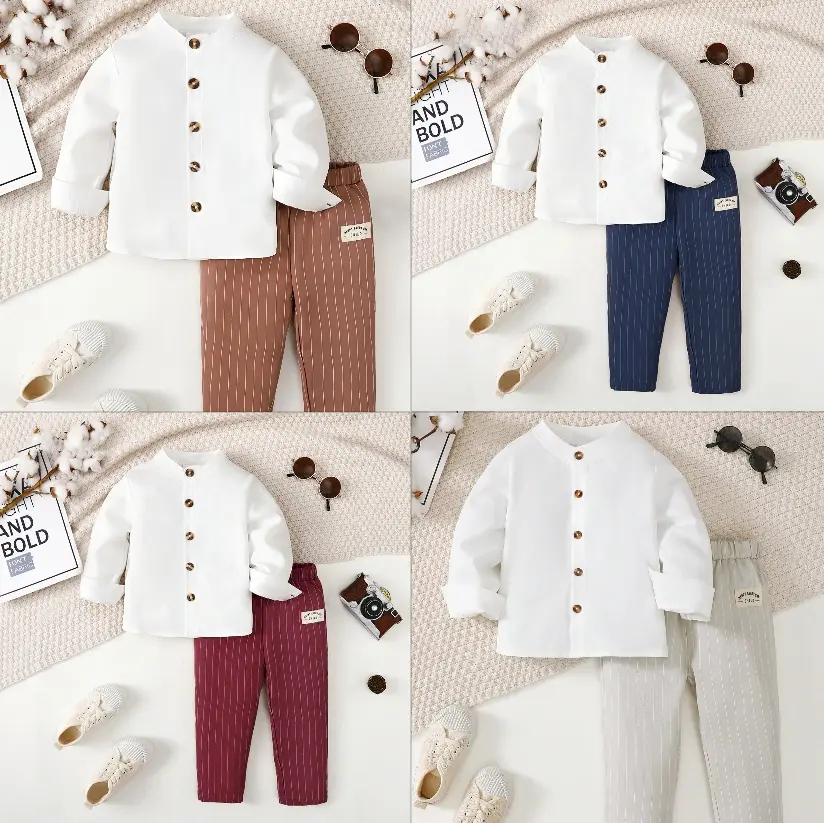 Ready Stock 18m-6y Boys Outfits Buttons Long Sleeve Shirt Tops Elastic Stripe Woven Label Pants 2Pcs Clothing Sets 222306309 Casual Winter White cute clothes set