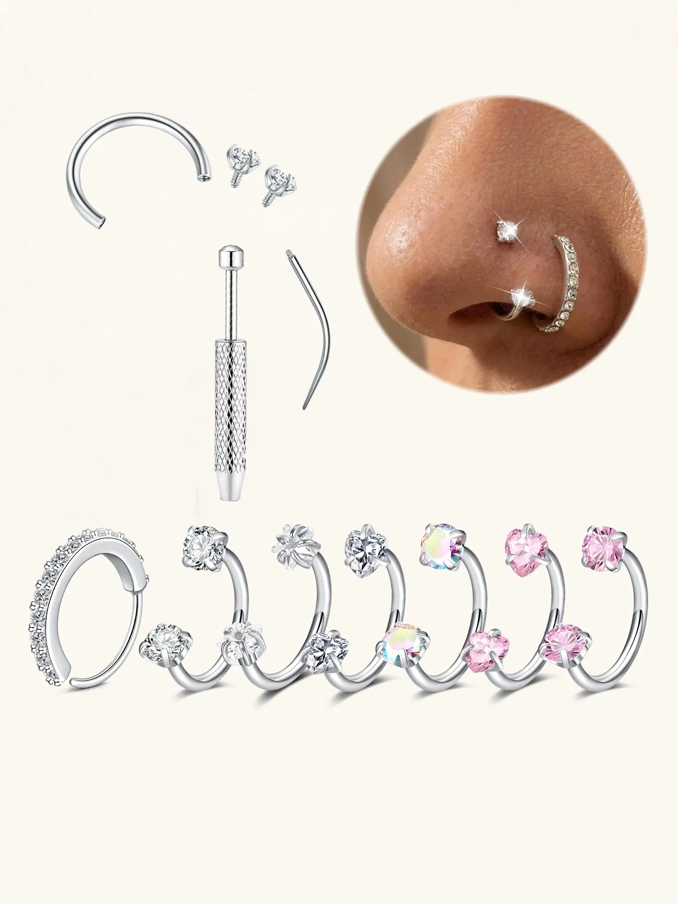 316L Stainless Steel CZ Horseshoe Nose Ring, Hypoallergenic Internally Threaded Septum Hoop, 18G/20G 8mm, Cubic Zirconia Piercing Jewelry for Women & Men, Ideal for Nose, Cartilage & Lip Piercings