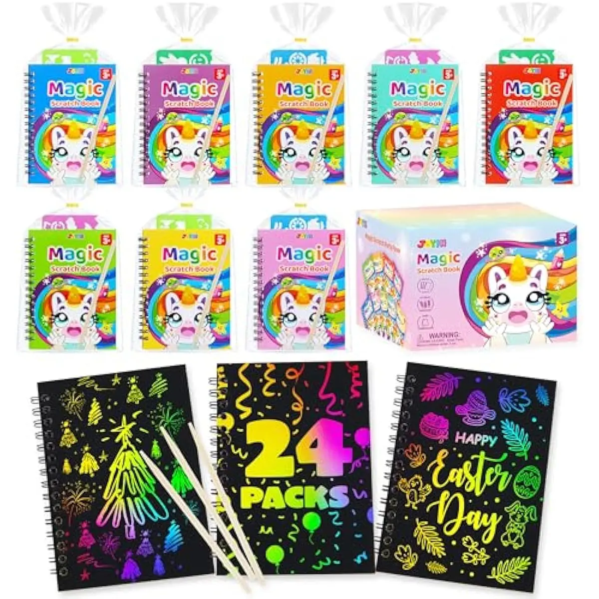 24 Pack Rainbow Scratch Art Notebook, Party Favors for Kids, Art Crafts Kit, Goodie Bags Stuffers for Girls Boys, Return Gifts for Birthday, Classroom Prizes, Bulk Gifts for Valentines Easter