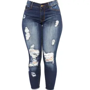 Stretchy Women's Skinny Jeans, Butt Lifting Distressed Denim Pants with Pockets and Ripped Hole Trousers Womenswear Bottom Vintage Polyester Fabric Slim Streetwear Sea Blue