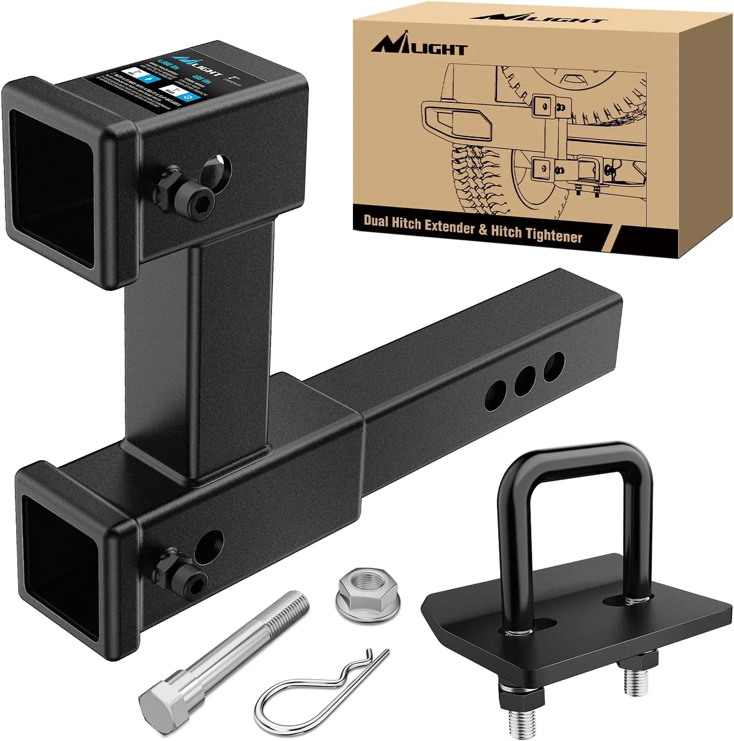 Nilight Dual Hitch Extender with Hitch Tightener for Standard 2" Receiver, Outdoor Tow Trailer & Boating Accessories, 10" Max Extension, 5/8" Bolt Nut Clip, 7.5" Adjustable Rise/Drop, 4000 lbs GTW, Corrosion-Resistant, Full Edge Weld, Matte Black