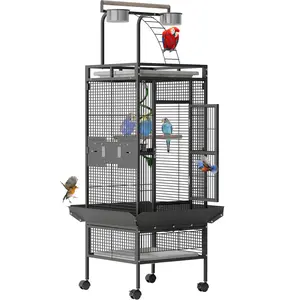 Spacious 60 Inch Wrought Iron Bird Cage with Rolling Stand – Playtop Design, 4 Stainless Steel Bowls, Slide-Out Tray – Parrot Cage for Cockatiel, Conure, Budgie, Lovebird, Canary