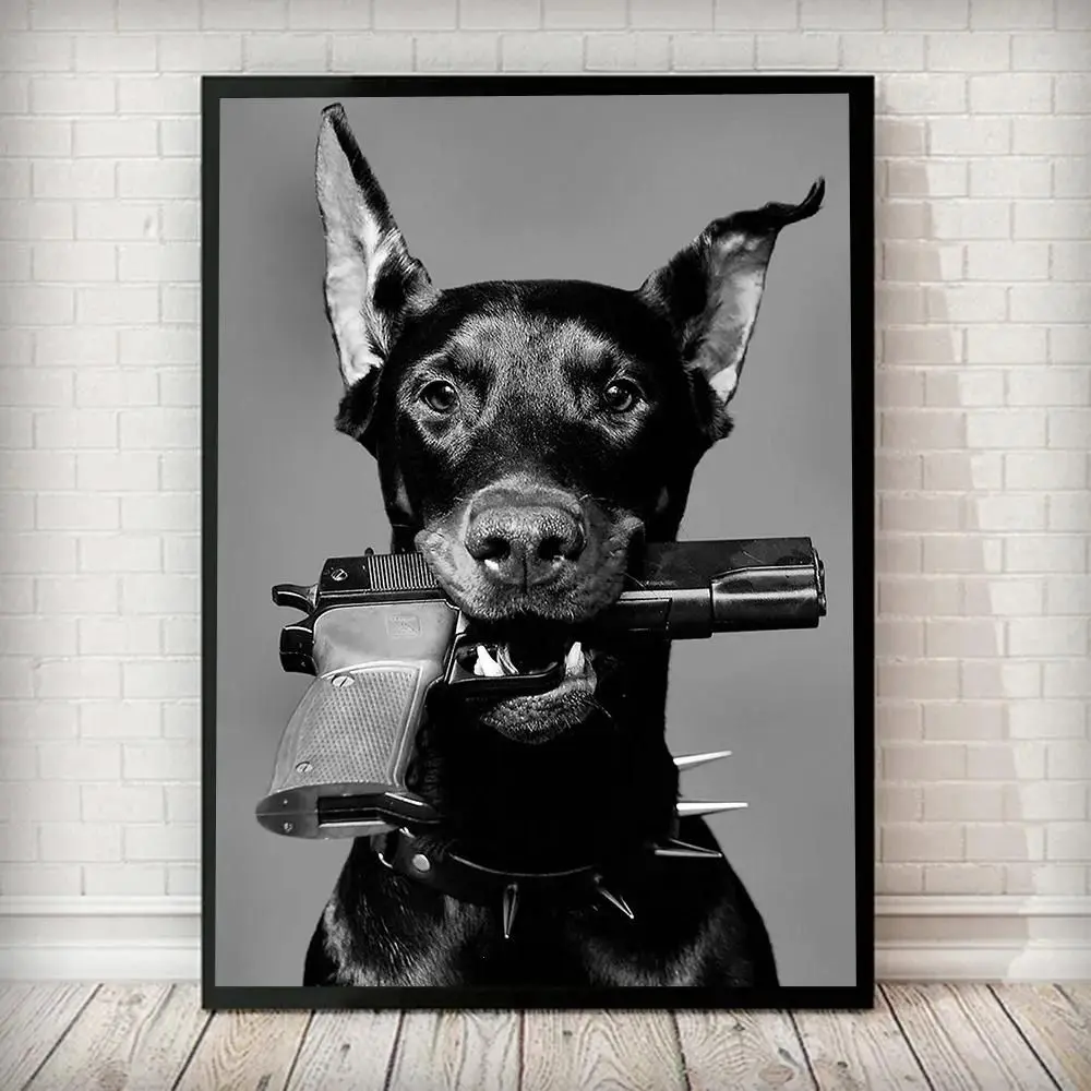 [Up to 65% Off][Free Shipping][No Frame] Dark Aesthetic Black-White Doberman Gun Graphic Paper Wall Print, Hypebeast Modern Luxury Fashion Wall Decor, Home Supplies for Kid Room Wardrobe Room Decor
