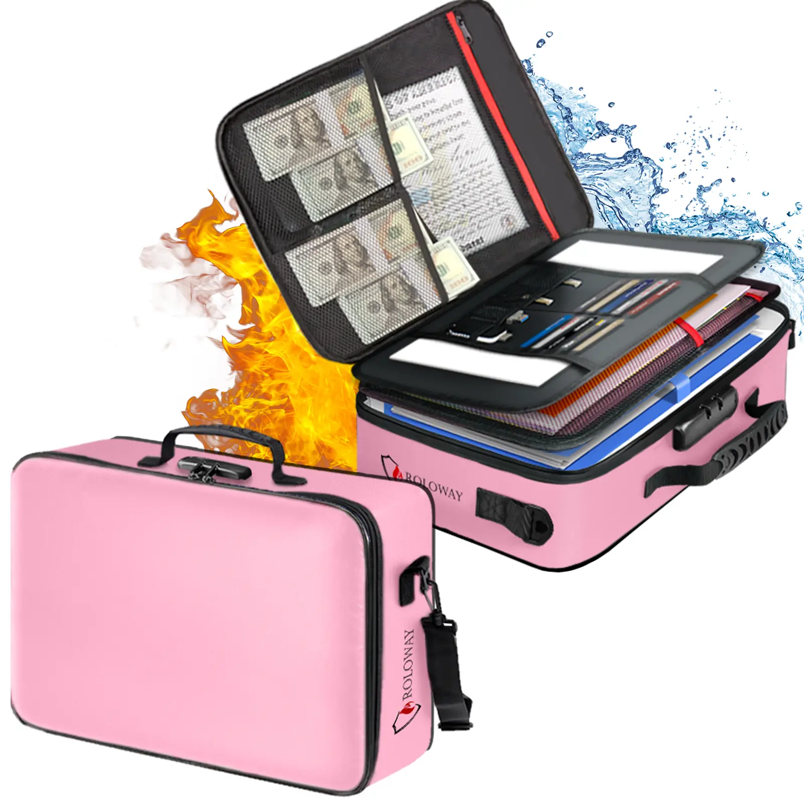 ROLOWAY Fireproof Locking Document Bag - 17x11.8x5in Rectangular Pink Durable Pouch with Multiple Pockets, Home Organizer That Locks Your Docs, Travel Essential for Secure Storage of Passports & Documents