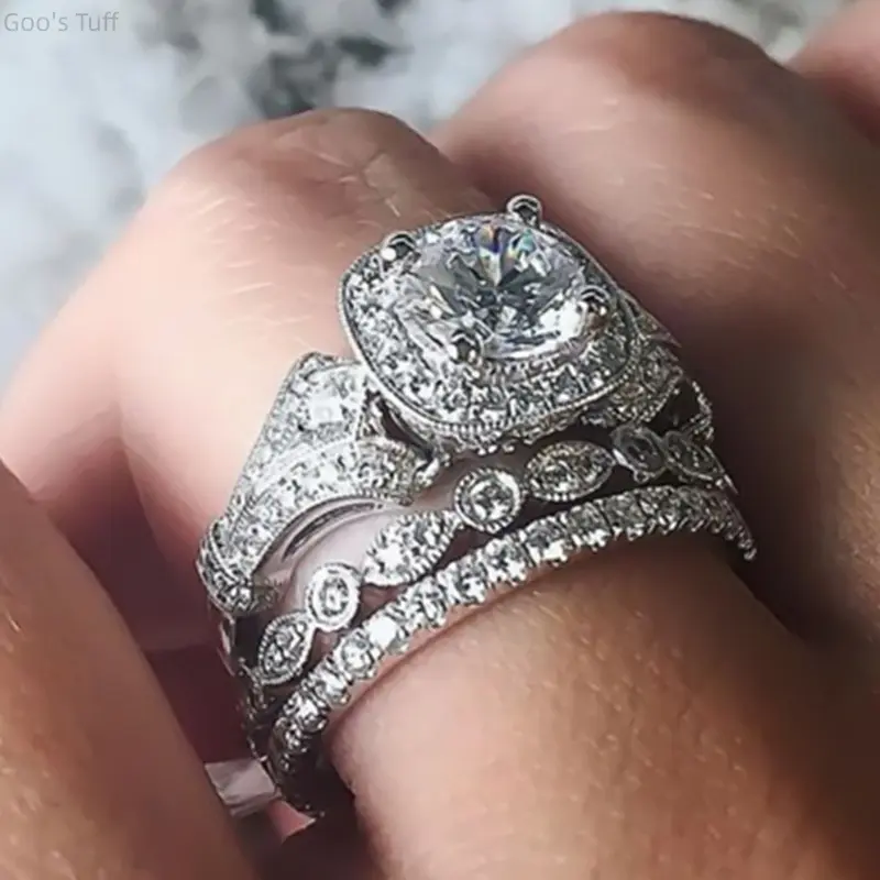 8 Hearts & 8 Arrows Full Pave Zircon 3-Piece Stack Ring Set, Comfort Fit Western Bridal Jewelry for Wedding, Engagement, Anniversary Outfits