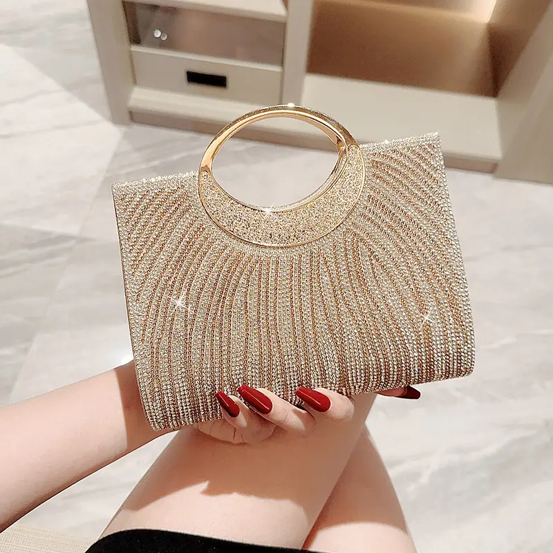 Elegant Stylish Fantasy Clutch Purse for Women - Champagne Glitter Rhinestone Embellished Polyester Formal Handbag for Prom & Cocktail Events, Wedding Guest Purse, Fashionable Embellished Clutch