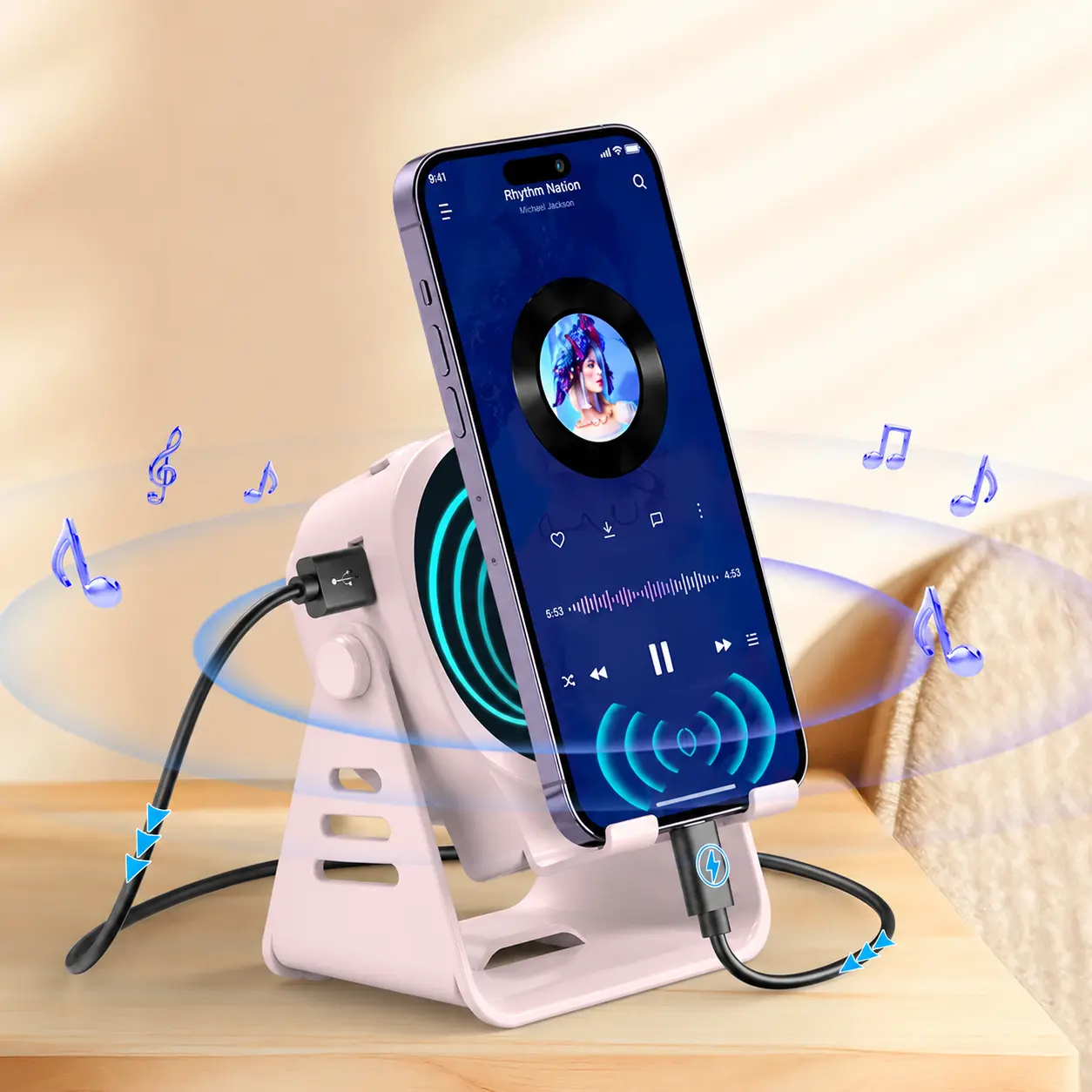 5-in-1 Bluetooth Wireless Speaker Stand with Silicone Phone/Tablet Holder, 3500mAh Rechargeable USB Type-C Emergency Power Bank, 360° Adjustable LED Light, Stereo Sound, Watch Party Accessory - Father’s Day Gift