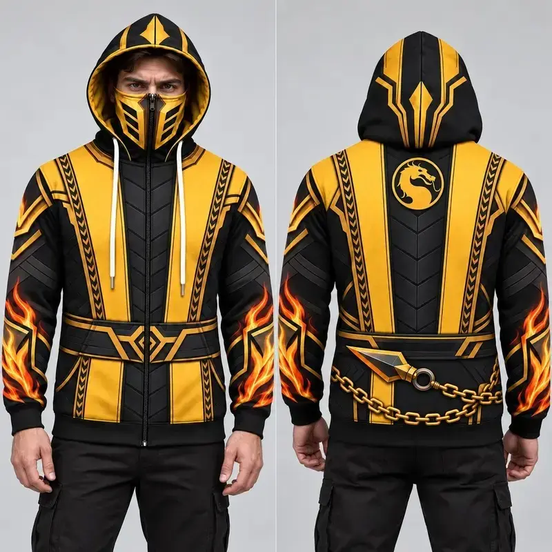 M0rtal K0mbat Sub-Zero Mens Zip-Up Hoodie, Lin Kuei Guild Built-In Face Mask Jacket, Blue Black Ninja Armor All-Over Print Hooded Sweatshirt, Cosplay Gamer Gift